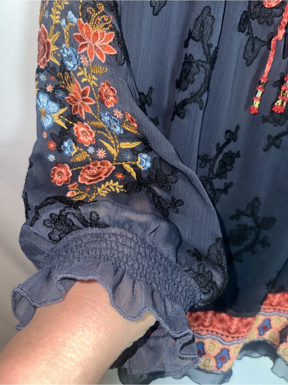 John Mark black/navy Floral Embroidered Peasant Tunic with Red Trim - Picture 6 of 9
